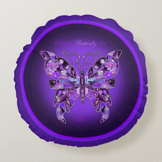 Lila Butterfly 31 Round Pillow Rund Kudde (Framsidan)