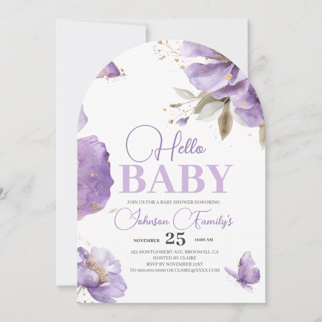 Lila Butterfly Baby Shower, blommor Inbjudningar (Framsida)