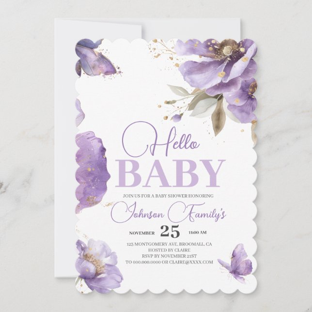 Lila Butterfly Baby Shower, blommor Inbjudningar (Framsida)