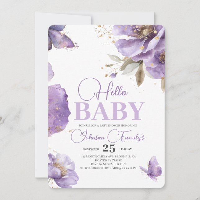 Lila Butterfly Baby Shower, blommor Inbjudningar (Framsida)
