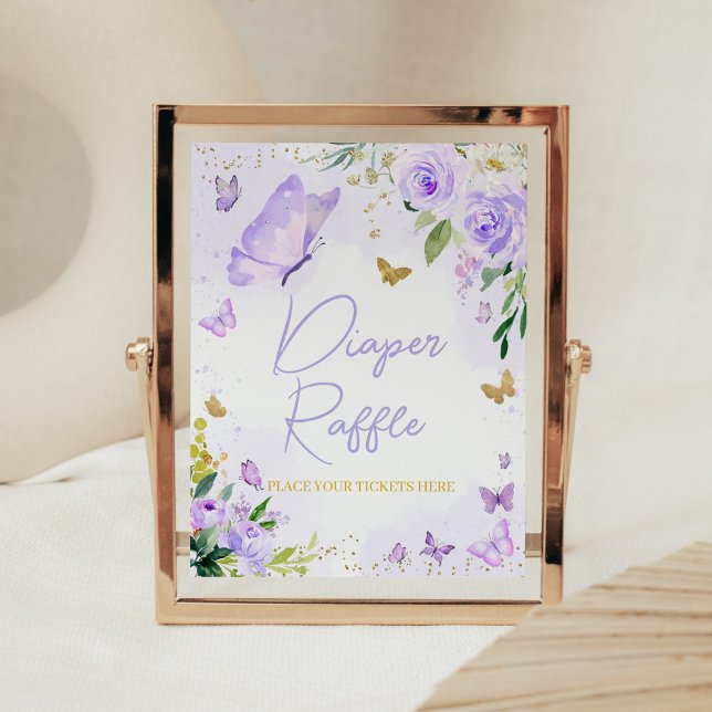 Lila Butterfly Baby Shower Diaper Raffle Poster (Girl Floral Butterfly Baby Shower Diaper Raffle Sign)