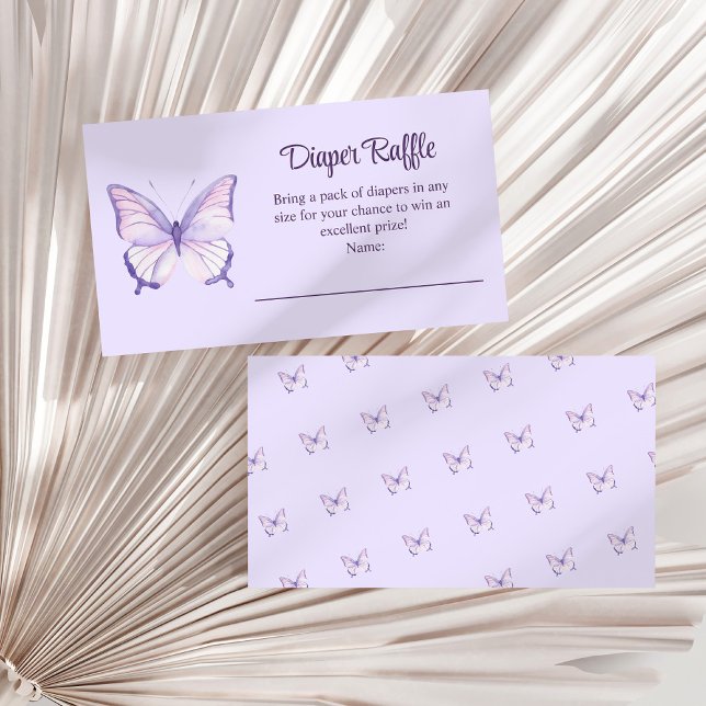 Lila Butterfly Baby Shower Diaper Raffle Tilläggskort (Purple Butterfly Baby Shower Diaper Raffle Enclosure Card on a white dry palm leaf.)