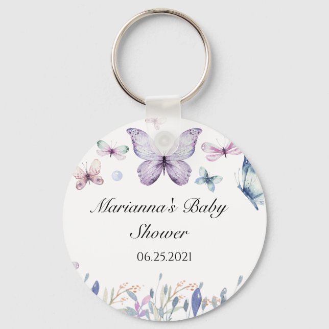 Lila Butterfly Baby Shower Favor Button Keychain Nyckelring (Framsida)