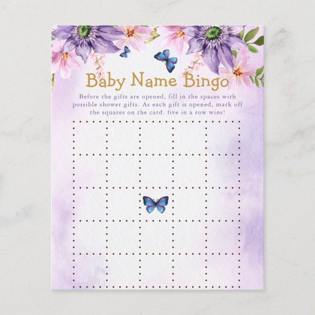 Lila Butterfly Baby Shower Game Bingo (Framsida)