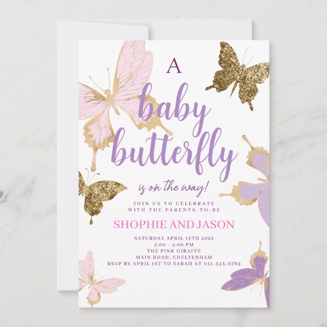 Lila Butterfly Baby Shower Inbjudan Girl (Framsida)