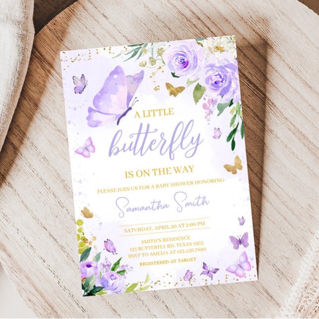 Lila Butterfly Baby Shower Inbjudningar (Girl Floral Butterfly Baby Shower Invitation)
