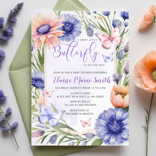 Lila Butterfly Baby Shower Modern Wildblommor Inbjudningar (Modern Wildflowers Purple Butterfly Baby Shower Invitation)