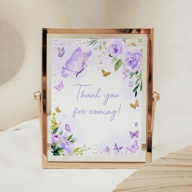 Lila Butterfly Baby Shower Tack för att du kom Poster (Girl Floral Butterfly Baby Shower Thank you for Coming Sign)