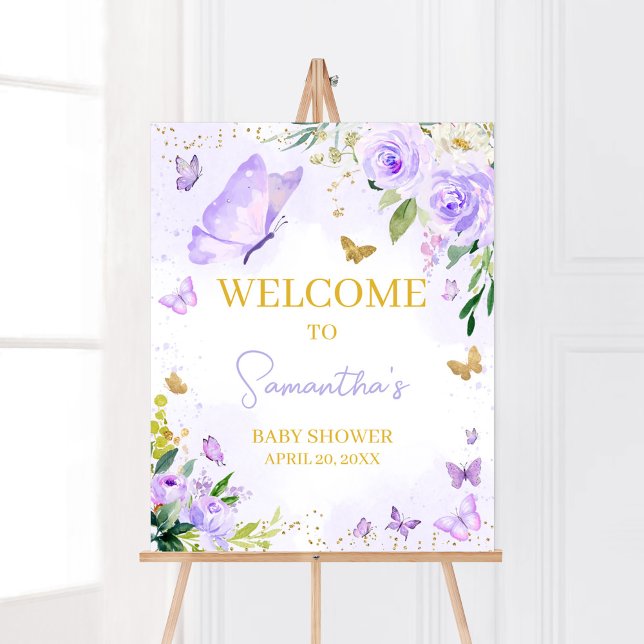 Lila Butterfly Baby Shower Välkommen Poster (Girl Floral Butterfly Baby Shower Welcome Sign)