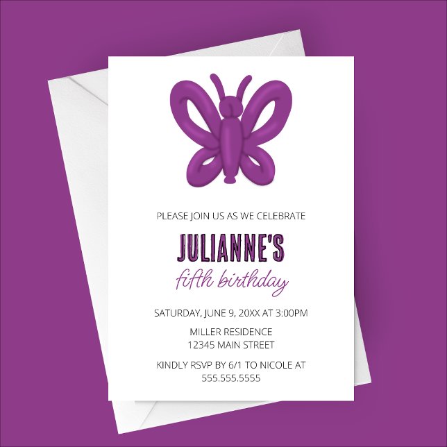 Lila Butterfly Balloon Animal Birthday Inbjudningar (Purple Butterfly Balloon Animal Birthday Party Invitation)