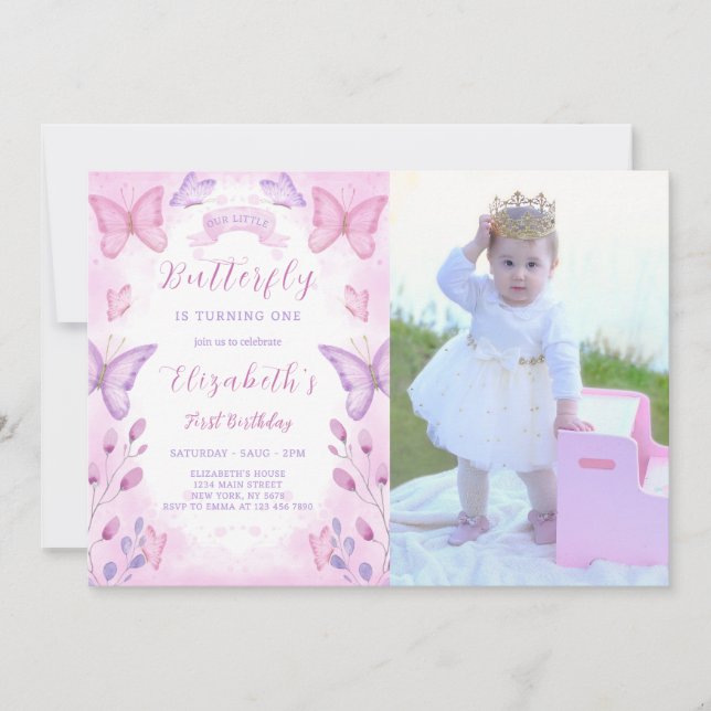 Lila Butterfly Birthday-inbjudan med foto Inbjudningar (Framsida)
