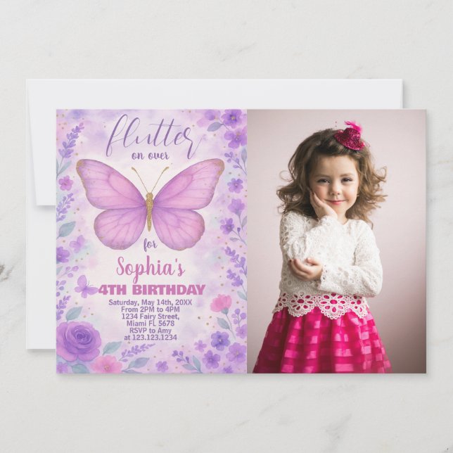 Lila Butterfly Birthday-inbjudan med foto Inbjudningar (Framsida)