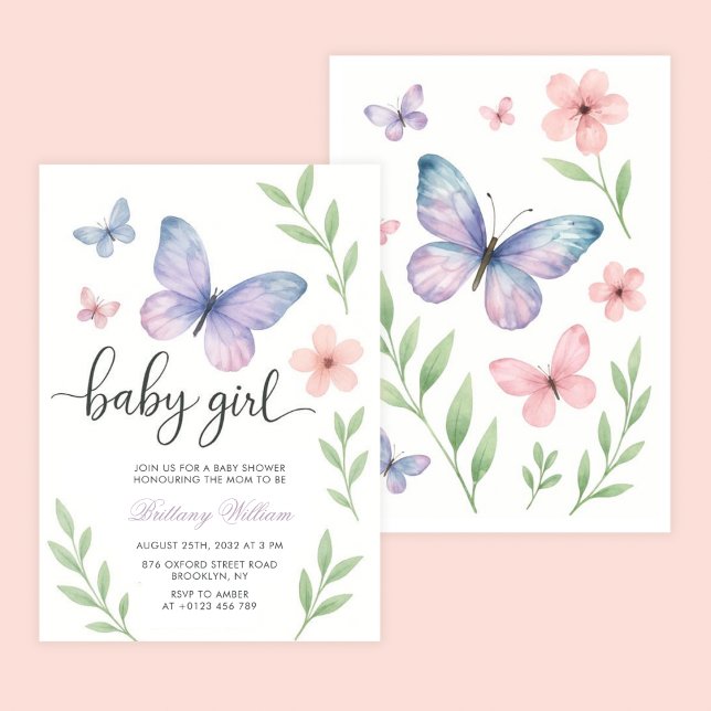 Lila Butterfly Blommigt Flicka Baby Shower Inbjudningar (Skapare uppladdad)
