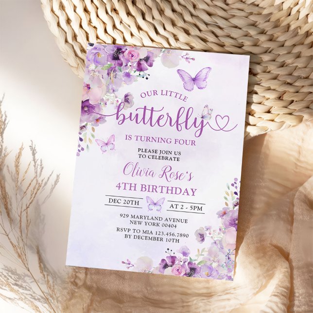 Lila Butterfly Blommigt Girl Födelsedagsfest Inbjudningar (Skapare uppladdad)
