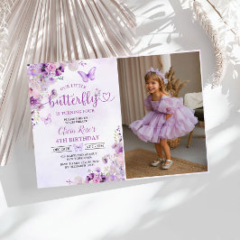 Lila Butterfly Blommigt Girl Födelsedagsfest Photo Inbjudningar