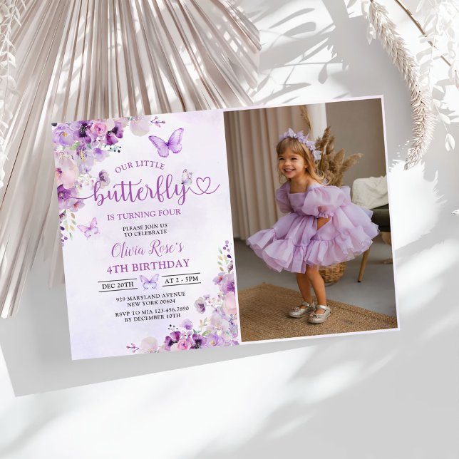 Lila Butterfly Blommigt Girl Födelsedagsfest Photo Inbjudningar (Skapare uppladdad)