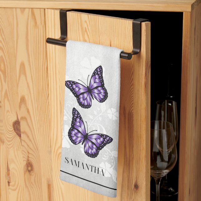 Lila Butterfly Blommigt Kitchen Towel Kökshandduk (Thirds Fold)