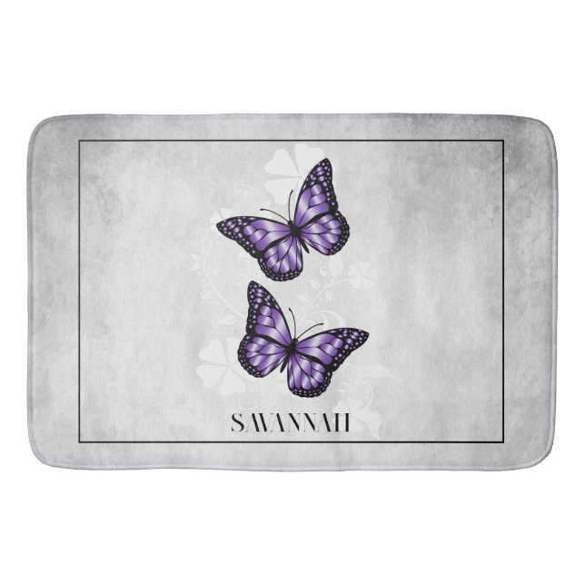 Lila Butterfly Blommigt Personlig Bath Mat Badrumsmatta (Framsidan)