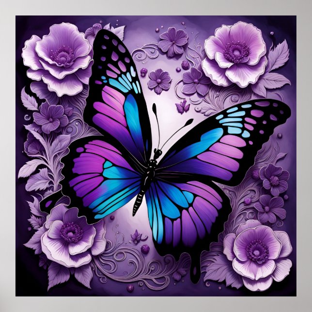 Lila Butterfly Blommigt Poster (Framsidan)