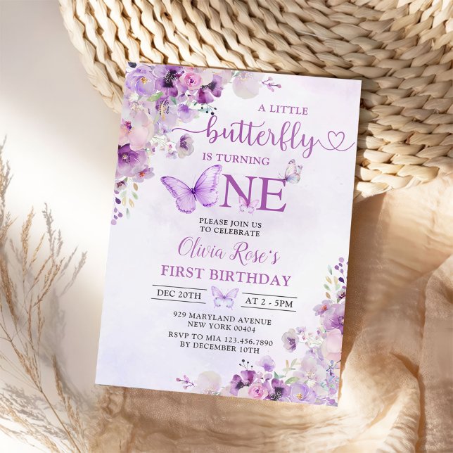 Lila Butterfly Boho Flowers 1:a födelsedagen Inbjudningar (Skapare uppladdad)