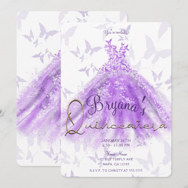 Lila Butterfly Dance Dress Quinceañera Party Inbjudningar (Fram/baksida)