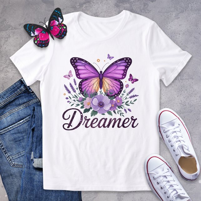Lila Butterfly Dreamer Shirt med Blommigt Design T (Skapare uppladdad)