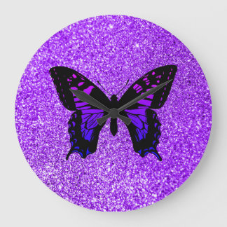 Lila Butterfly Faux Violet Girly Glitter Stor Klocka