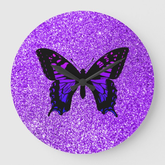 Lila Butterfly Faux Violet Girly Glitter Stor Klocka (Framsida)