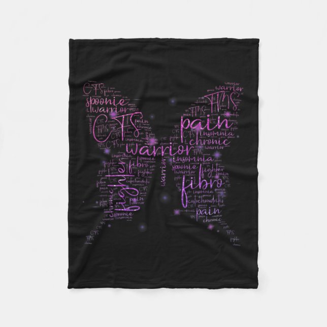 Lila Butterfly Fibro Warrior Awareness Ord Clou Fleecefilt (Framsidan)