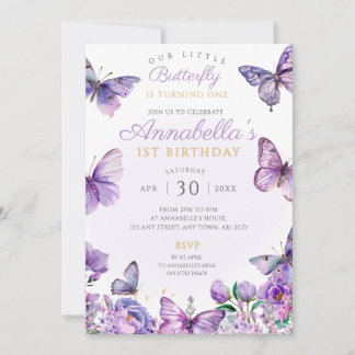 Lila Butterfly Födelsedagsfest Inbjudan Flutter by