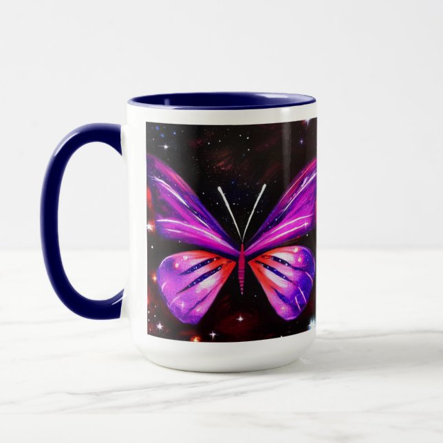 Lila butterfly galactice black bakgrund mugg (Vänster)