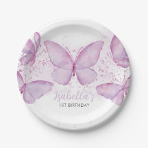 Lila Butterfly Girl 1st Birthday Papper Plate