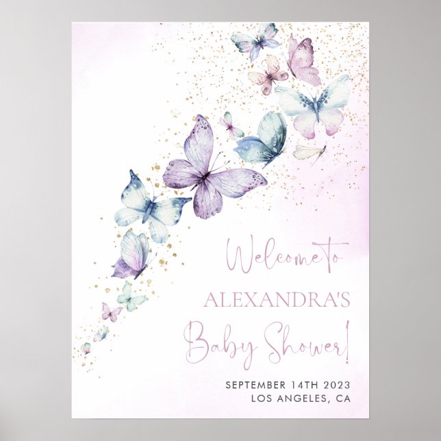 Lila Butterfly Girl Baby Shower Välkomstskylt Poster (Framsidan)