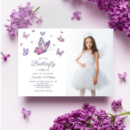 Lila Butterfly Girl Birthday Photo Inbjudningar