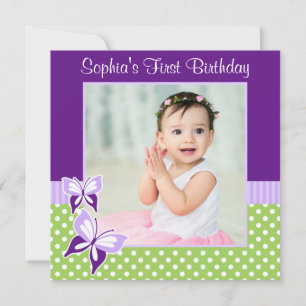 Lila Butterfly Grönt Polka Dot Birthday Photo Inbjudningar