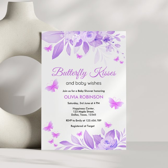 Lila Butterfly Kisses & Baby Önskemål Baby Shower Inbjudningar (Purple Butterfly Kisses & Baby Wishes Baby Shower Invitation )