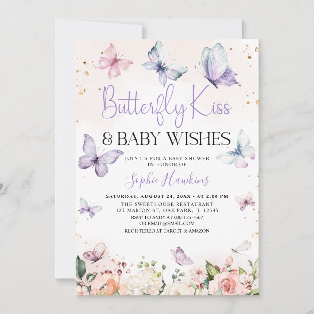 Lila Butterfly Kisses Flicka Baby Shower Inbjudningar (Framsida)