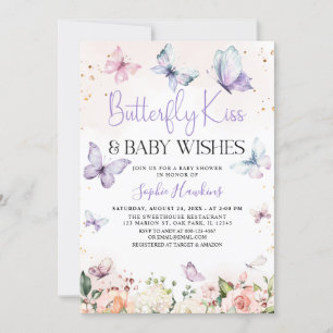 Lila Butterfly Kisses Flicka Baby Shower Inbjudningar