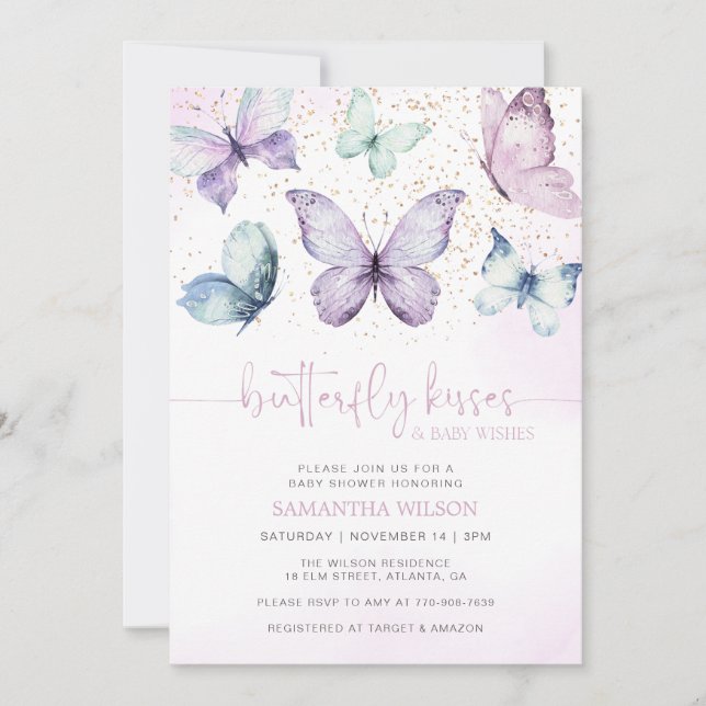 Lila Butterfly Kisses Girl Baby Shower Inbjudningar (Framsida)