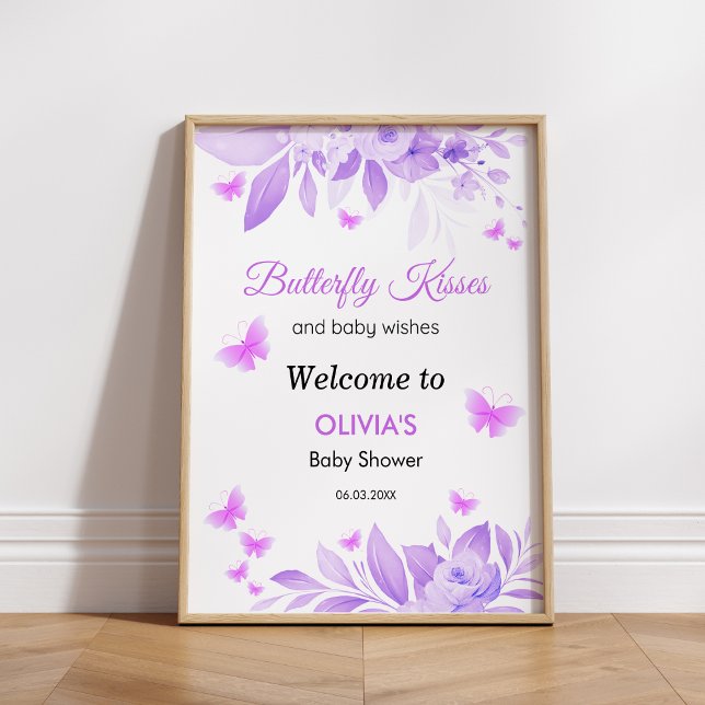 Lila Butterfly Kisses Girl Baby Shower Välkommen Poster (Purple Butterfly Kisses Girl Baby Shower Welcome Sign 
)