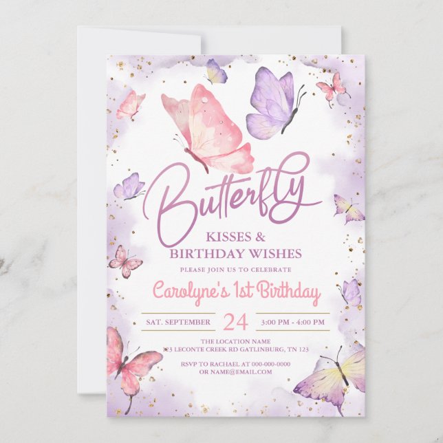 Lila Butterfly Kisses och Birthday Önskemål Inbjudningar (Framsida)