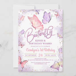Lila Butterfly Kisses och Birthday Önskemål Inbjudningar