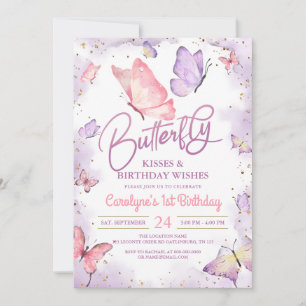 Lila Butterfly Kisses och Birthday Önskemål Inbjudningar