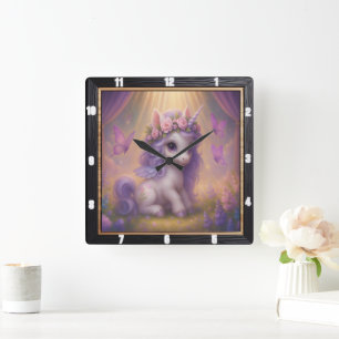 Lila Butterfly Magic Unicorn Fyrkantig Klocka