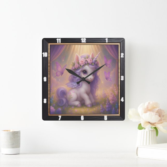 Lila Butterfly Magic Unicorn Fyrkantig Klocka (Hem)