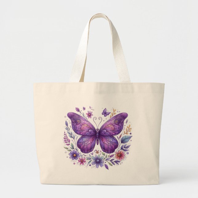 Lila Butterfly med blommor Jumbo Tygkasse (Framsidan)