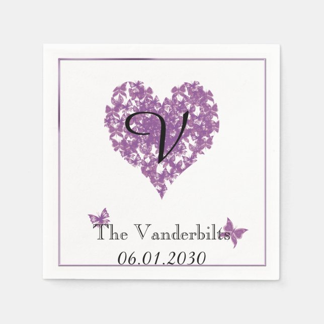 Lila Butterfly Monogram Bröllop Napkin Pappersservett (Framsidan)