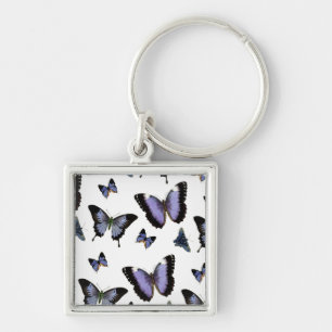 Lila Butterfly Mönster Fyrkantig Silverfärgad Nyckelring