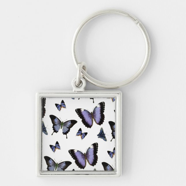 Lila Butterfly Mönster Fyrkantig Silverfärgad Nyckelring (Framsidan)