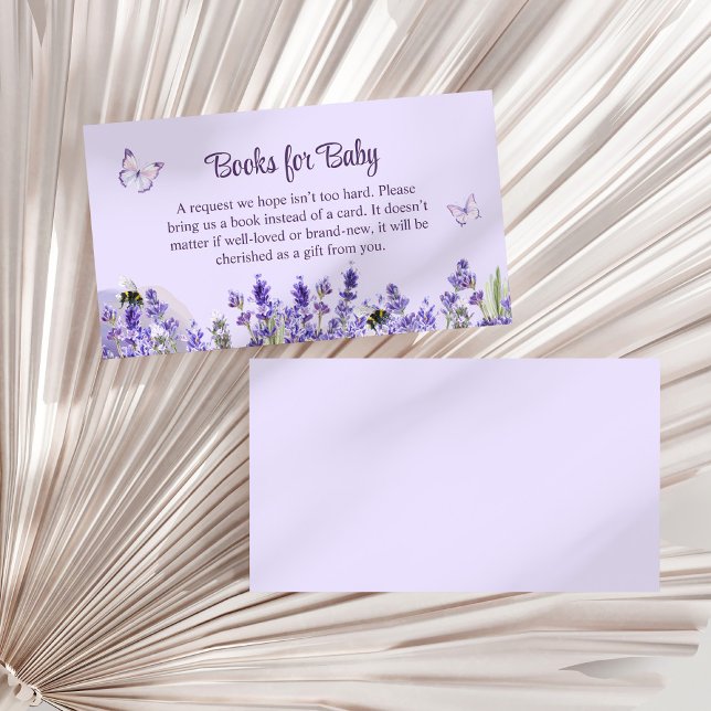 Lila Butterfly och Blomsterträdgård Bokar för Baby Tilläggskort (Purple Butterfly and Flower Garden Books for Baby Enclosure Card on a white dry palm leaf.)